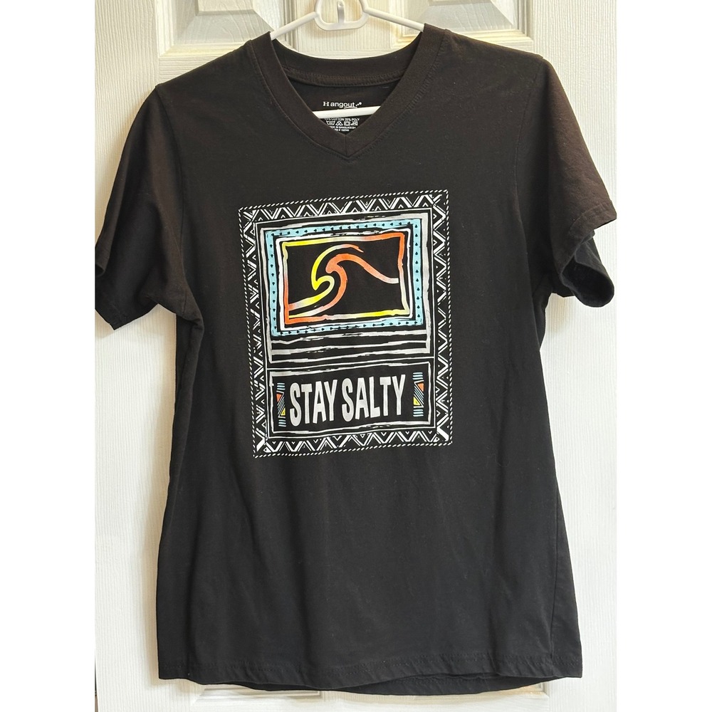 Hangout Stay Salty Graphic T-Shirt Womens Black V-Neck Surf Wave Tee Small